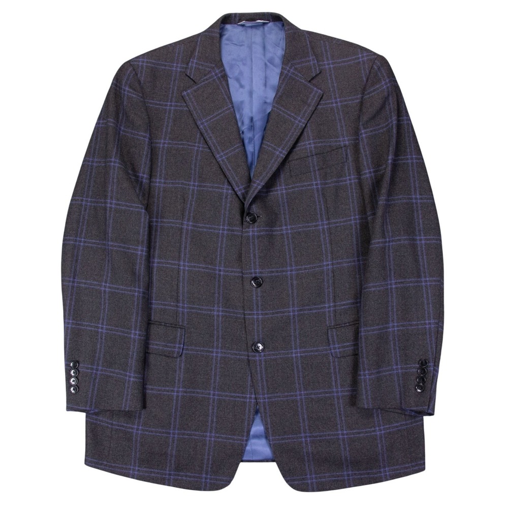 Samuelsohn Mens 44L Gray‎ Blue Windowpane Cashmere Wool Blend Blazer Sport Coat